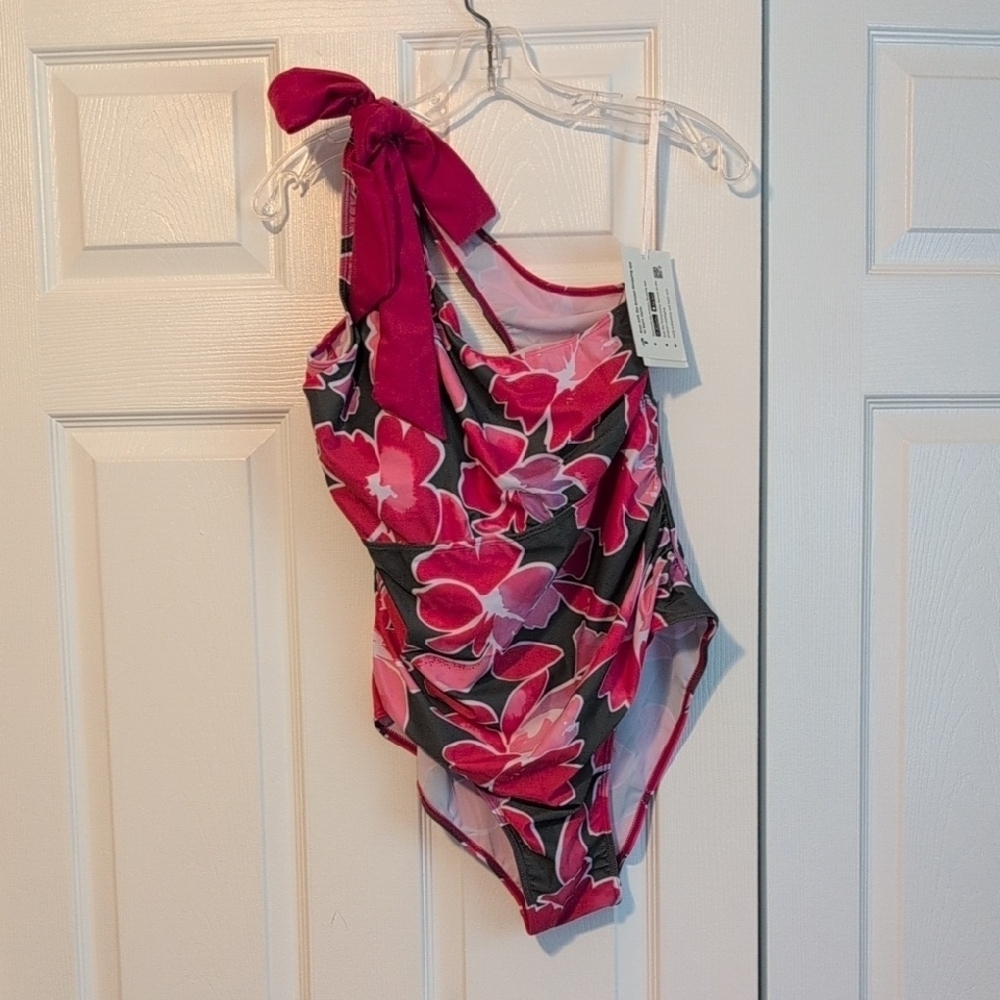Grace Karin NWT Pink and Gray Floral One Shoulder One Piece With Bow